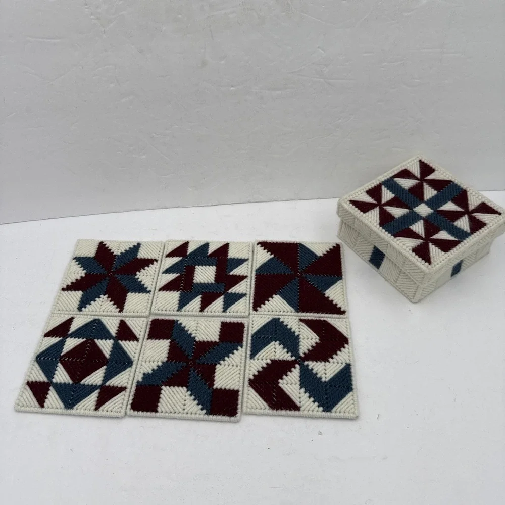 Vintage Handmade Set of 6 Needlepoint Yarn‎ Quilt Block Coasters with Holder 4x4